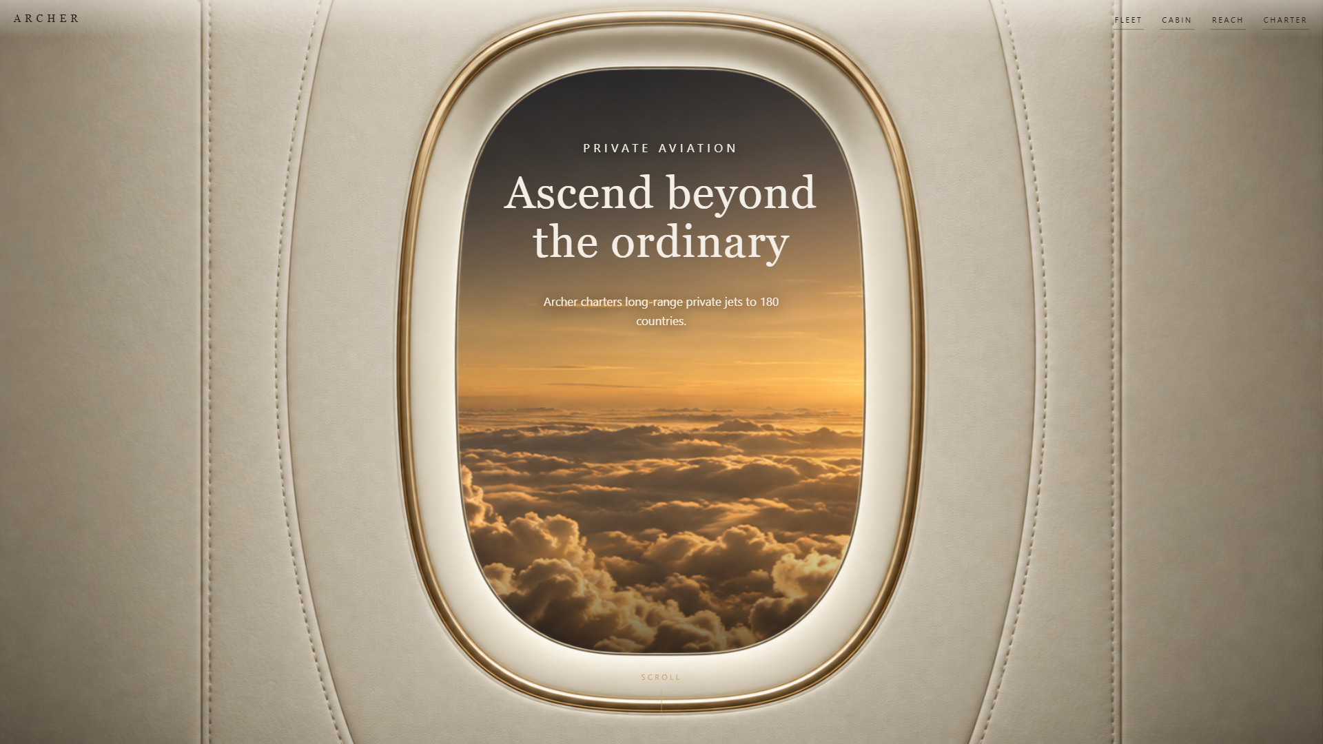 Archer cinematic private-jet website shown inside a full-screen cabin window